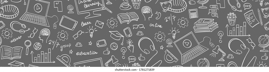 Online education seamless web banner. Distance learning doodles on grey background. Vector illustration.