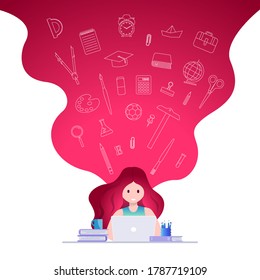 Online Education, Self Learning Concept Vector Illustration. Student Studying With Laptop. Educational Supply Line Icons Set.