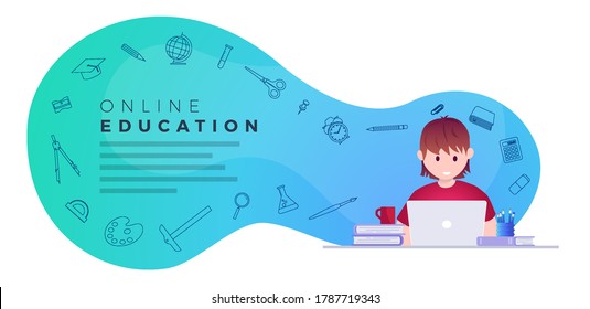 Online education, self learning concept vector illustration. Student studying with laptop. Educational supply line icons set.