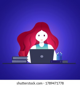 Online education, self learning concept vector illustration. Student studying with laptop.
