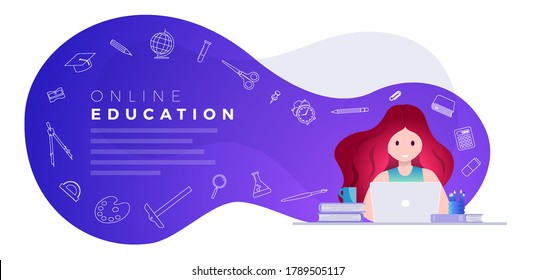 Online Education, Self Learning Concept Vector Illustration. Student Studying With Laptop. Educational Supply Line Icons Set. 