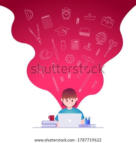 Online education, self learning concept vector illustration. Student studying with laptop. Educational supply line icons set.