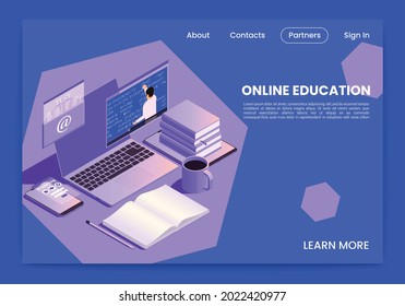 Online education self paced learning programs official site isometric design with laptop textbooks notebook coffee vector illustration