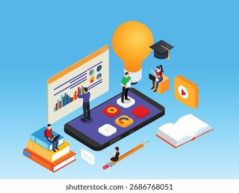 Educación en línea y autoaprendizaje con herramientas digitales Ilustración vectorial isométrica en 3D