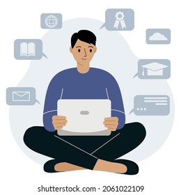 Online education, self-study concept vector illustration. A man sits with a laptop on her lap and studies. Education-related icons set. Joy and pleasure