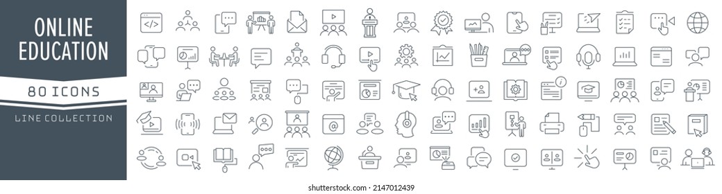 Online education and seminar line icons collection. Big UI icon set in a flat design. Thin outline icons pack. Vector illustration EPS10 - Shutterstock ID 2147012439