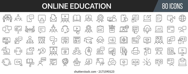 Online education and seminar line icons collection. Big UI icon set in a flat design. Thin outline icons pack. Vector illustration EPS10