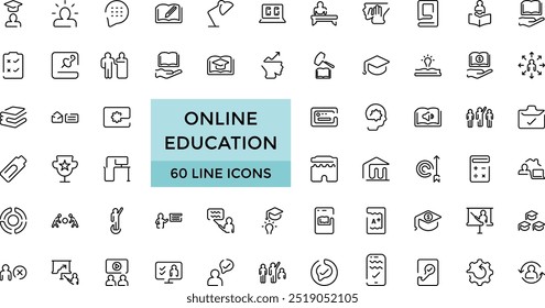 Educação on-line e seminário linha ícones conjunto, Big web e IU ícone conjunto em um design plano. Pacote fino de ícones de estrutura de tópicos. Ilustração vetorial