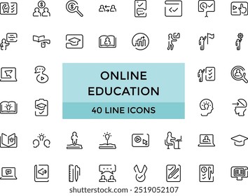 Online education and seminar line icons set, Big web and UI icon set in a flat design. Thin outline icons pack. Vector illustration