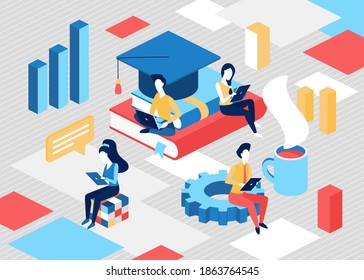 Online education service isometric concept vector illustration. Cartoon 3d tiny student people study, sit on books stack, holding mobile devices for exam, training or reading educational background