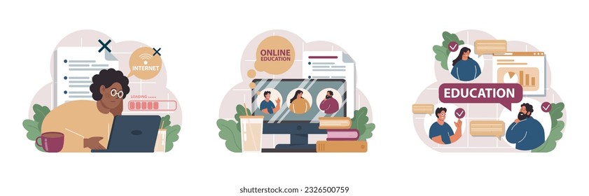 Online education set. Character study remotely using internet, online services, application or website. Idea of e-learning and gaining knowledge by modern online courses. Flat vector illustration