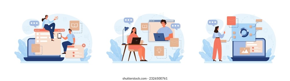 Enseñanza en línea. Estudio de caracteres a distancia mediante Internet, servicios en línea, aplicación o sitio web. Idea de e-learning y de adquirir conocimiento mediante cursos modernos en línea. Ilustración vectorial plana