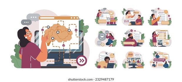 Online-Schulungsset. Charakterstudie remote über Internet, Online-Dienste, Applikation oder Website. Idee des E-Learning und Wissenserwerbs durch moderne Online-Kurse. Flache Vektorgrafik
