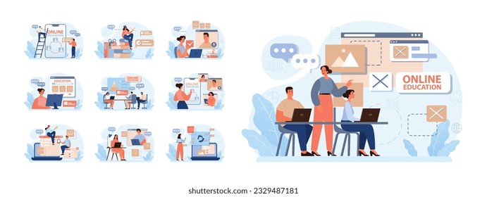 Online education set. Character study remotely using internet, online services, application or website. Idea of e-learning and gaining knowledge by modern online courses. Flat vector illustration