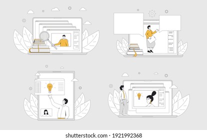 Online education set. Digital learning collection concepts. Teacher gives webinar or online video training. Vector color line art flat illustration.