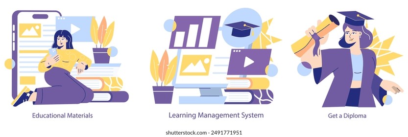 Online Education set. Digital learning tools, course management, and graduation achievement. Students engage with technology and celebrate diplomas. Vector illustration.