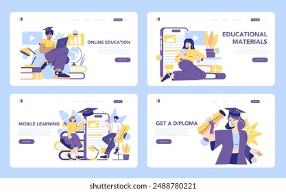 Online education set. Distance learning and academic achievement themes. Students engaging with digital devices for courses, diplomas. Vector illustration.