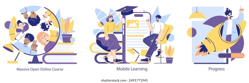 Online Education set. Diverse students connecting, a woman accessing courses on mobile, a man celebrating academic success. Educational development and achievement. Vector illustration.