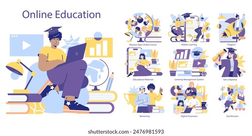 Juego de Educación en línea. Proceso de aprendizaje electrónico, mejora de las habilidades digitales de los estudiantes, participación en el aula virtual. Graduarse y obtener un diploma en línea. Ilustración vectorial.