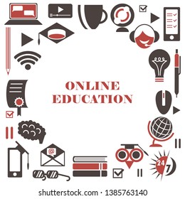 Online  education set of flat simple Isolated icons in the form of a a round frame. Set of e-learning icons for landing pages, mobile apps, web site. Online schools and courses.
