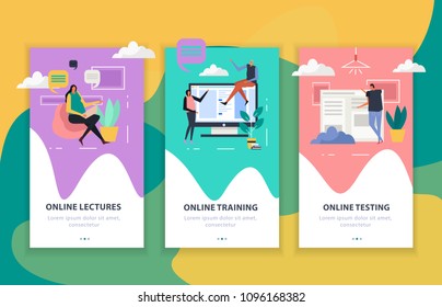 Online education set of flat vertical banners, internet lectures and testing, web training isolated vector illustration