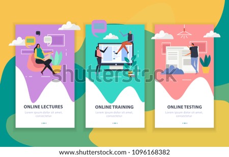 Online education set of flat vertical banners, internet lectures and testing, web training isolated vector illustration