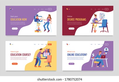 Online education set of four horizontal banners with doodle human characters computers workspaces and clickable buttons vector illustration