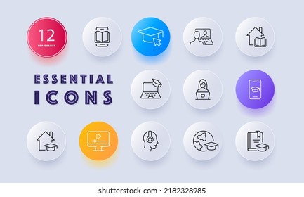 Online education set icon. Book, phone, academic cap, cursor, laptop, home, student, computer, planet, headphones, bookmark. Knowledge concept. Neomorphism style. Vector line icon for Business.