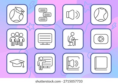 Ícone do conjunto de treinamento online. Computador, globo, formatura, bate-papo, áudio, vídeo, estudantes, classe, professor, tela, comunicação, aprendizagem, curso, estudo, apresentação, on-line, lição, grupo, educação, digital