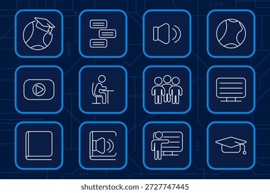 Ícone do conjunto de treinamento online. Aprendizagem global, e-class, lição de vídeo, professor, alunos, bate-papo, livro, áudio aprendizagem, formatura, sala de aula virtual.