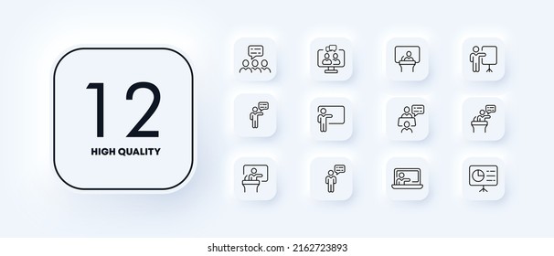 Online education set icon. Website, team building, group, students, lecture, conference, couple, university, etc. Learning concept. Neomorphism style. Vector line icon for Business and Advertising