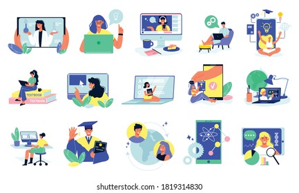 Online education set with isolated learning icons and electronic gadgets with remote students and tutor characters vector illustration