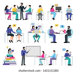 Online education set with learning symbols flat isolated vector illustration