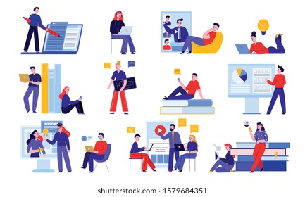 Online education set with learning and training symbols flat isolated vector illustration 