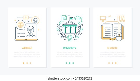 Online education - set of line design style vertical web banners on white background with copy space for text. Images of a laptop, building, reader with a mouse. Webinar, university, e-books themes