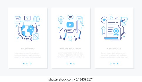 Online education - set of line design style vertical web banners with copy space for text. Images of a globe, academic cap, video tutorial on tablet, award, document. E-learning, certificate concepts