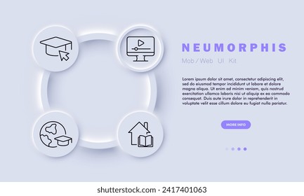 Online education set line icon. Graduate, lesson, book, development, smartphone. Neomorphism style. Vector line icon for business and advertising