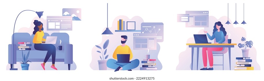 Online education set. Man and woman with laptops in apartment. Distance learning and training. Students preparing for test or exam. Cartoon flat vector illustrations isolated on white background
