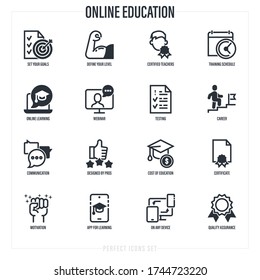Online education set: mobile app for learning, define level, training schedule, motivation, webinar, testing, communication, on any device, price, certificate. Thin line icons. Vector illustration.