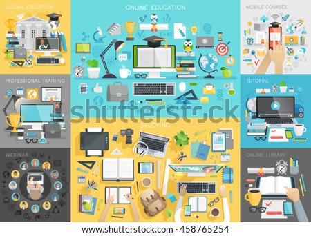 Online education set. Mobile courses, tutorial, global education, webinar, professional training, online library, workplace concepts.