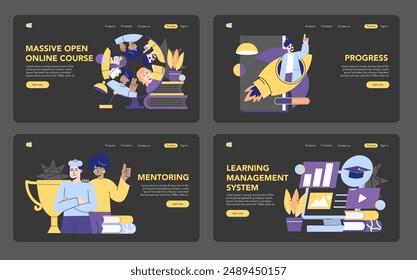 Online education set presenting courses, progress tracking, mentorship, and learning management systems. Seamless e-learning experience. Vector illustration.