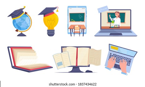 Online education set. Remote work sign. Internet teaching media icons. Remote distance schooling. Pictogram collection. Editable vector illustration in flat simple style isolated on white background