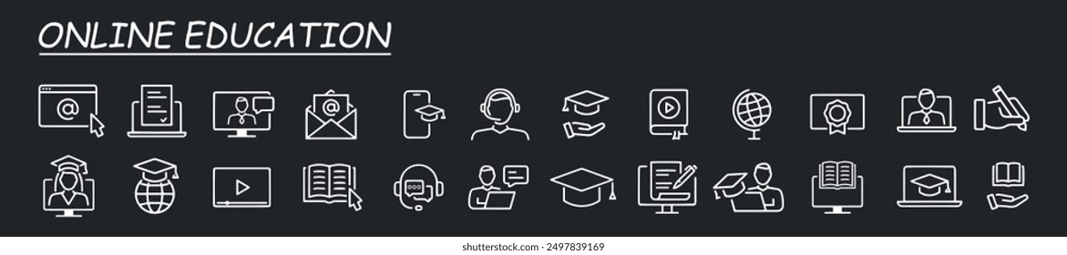 Online-Bildung Satz von Web-Icons im Linienstil. Lernsymbole für Web und mobile App. E-Learning, Video-Tutorial, Wissen, Studie, Schule, Universität, Webinar, Online-Bildung. Vektorgrafik