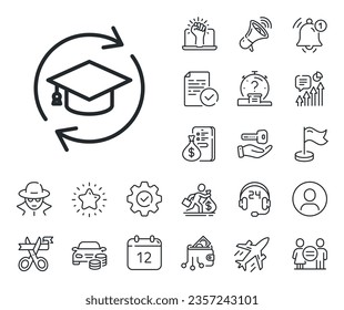 Online education sign. Salaryman, gender equality and alert bell outline icons. Continuing education line icon. Continuing education line sign. Spy or profile placeholder icon. Vector