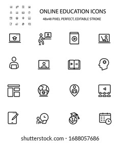 Online-Bildung einfache Linie Symbol setzen Vektorillustration Illustration. Bearbeitbar hub.48x48 Pixel perfekt. Enthält Symbole wie Hörbuch, Webinar, ux/ui-Design, Arbeit auf Laptop, Online-Netzwerke und mehr.