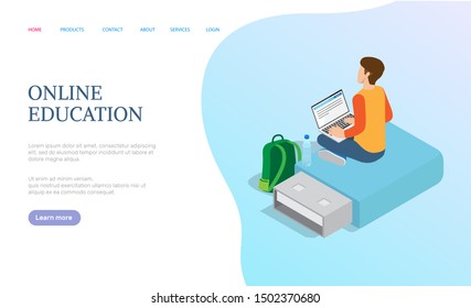 Online education of sitting person with laptop, 3D icons of flesh drive, backpack and bottle. Electronic study, human writing text in computer. Vector illustration in flat cartoon style