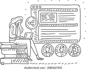Online education - sketchy hand-drawn vector illustration. Woman sit on the books and take a part in the webinar, use the laptop.