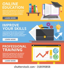 Online education, skills improvement, professional training flat illustration concepts set. Modern flat design concept for web banners, web sites, printed materials, infographics. Vector illustration