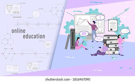 Online education, small people in office, flat style vector illustration