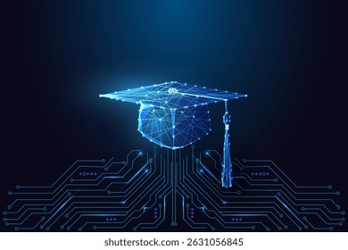 Online education and smart learning concept with glowing polygonal graduation cap connected to circuit board on dark blue background. Futuristic low poly style, abstract vector illustration.